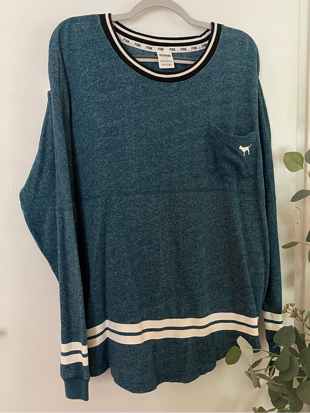 PINK Victoria's Secret Teal Blue Crewneck Sweater with White Stripes